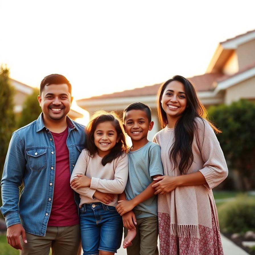 Smiling family standing in front of their home at golden hour
