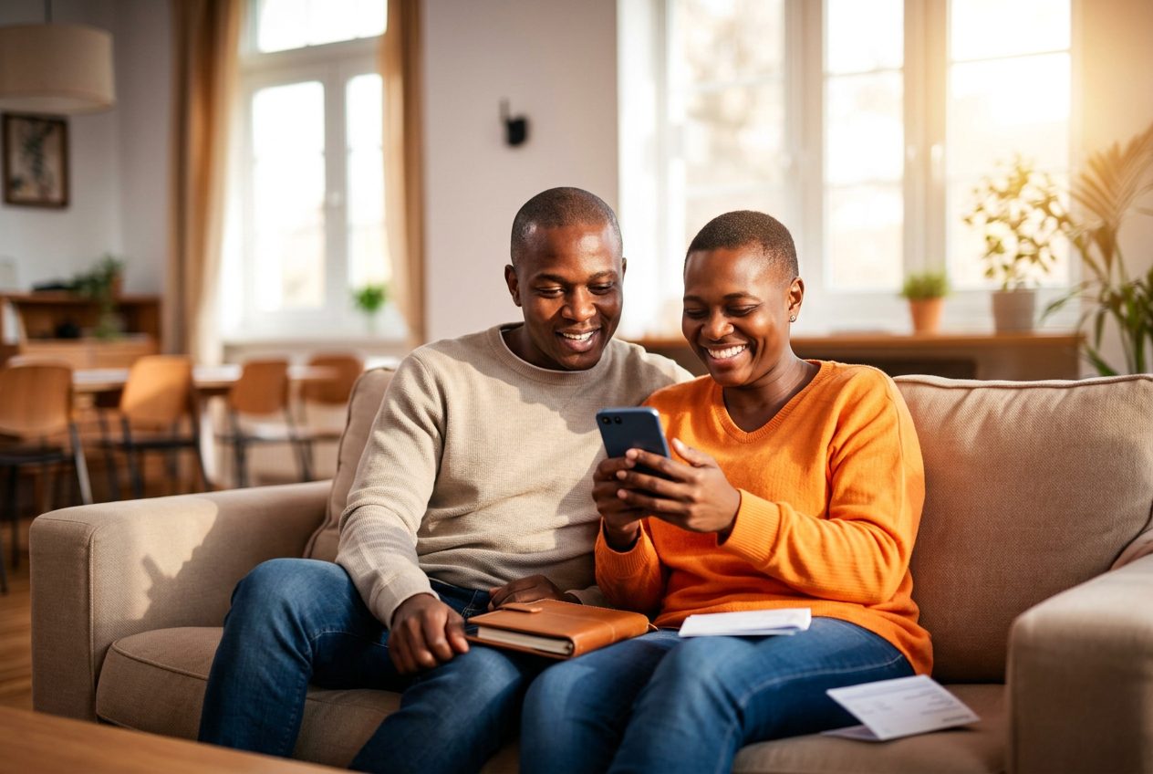 Couple reviewing their finances together on a phone at home