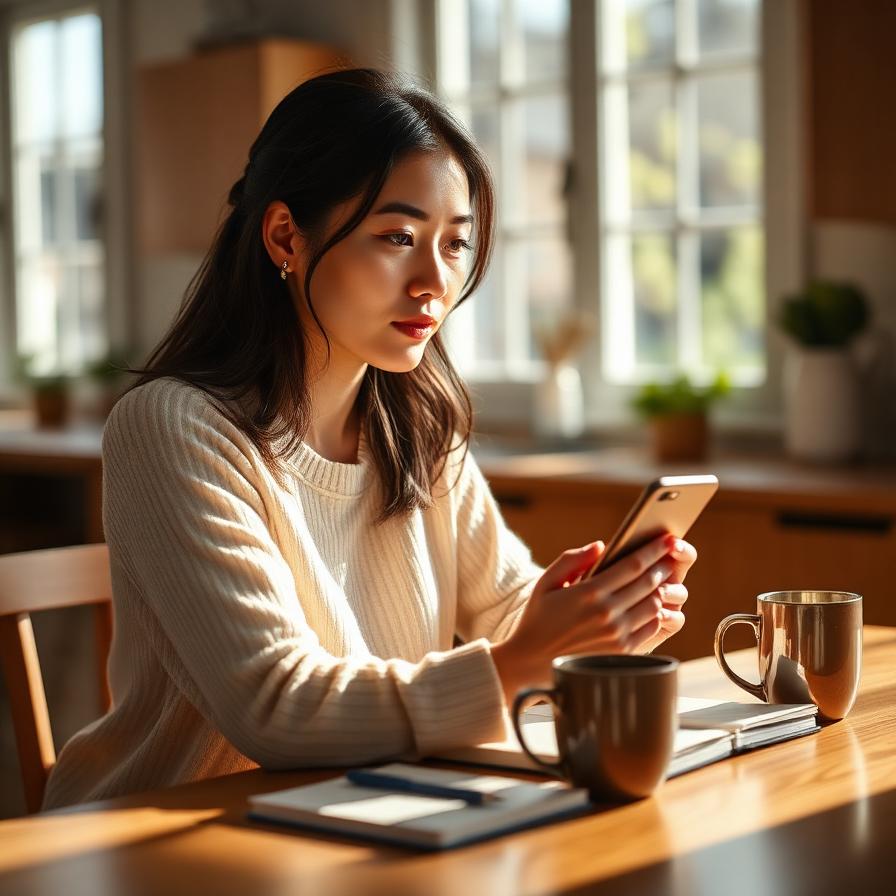 Person reviewing a financial plan on a phone at a kitchen table